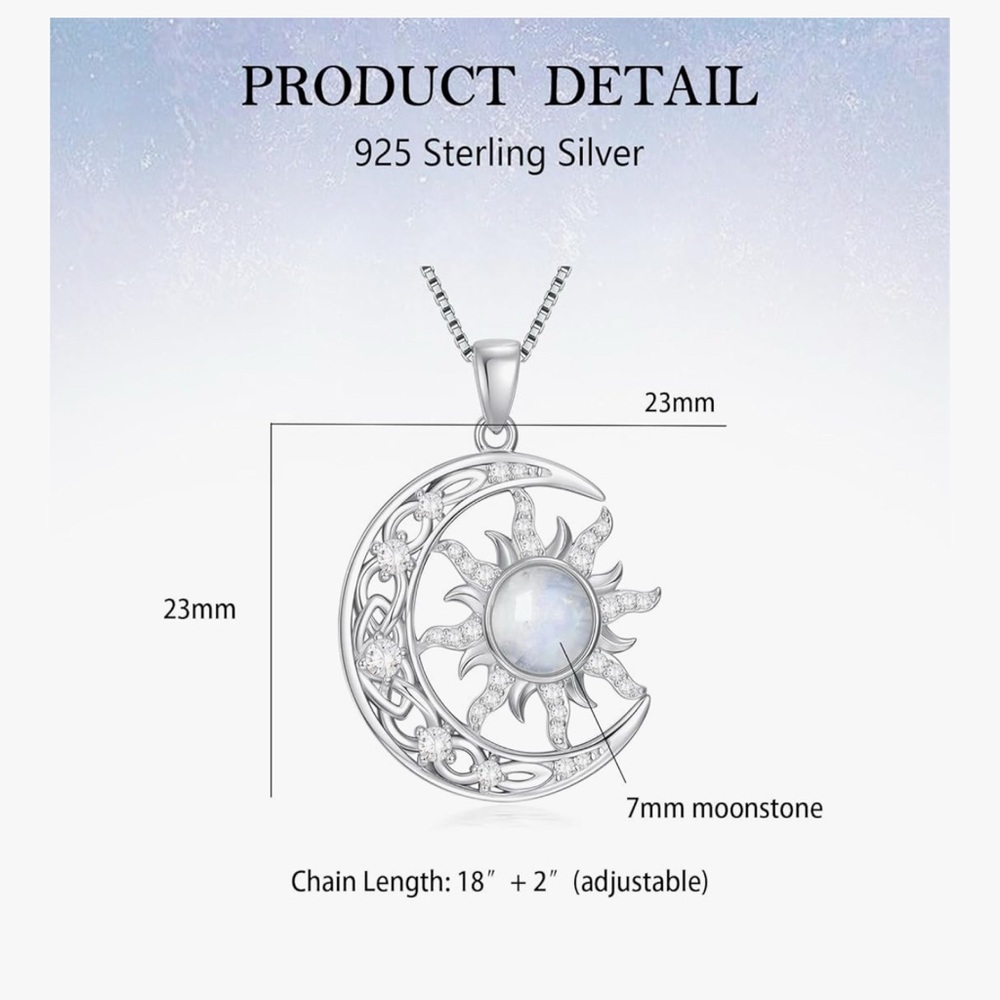 Celtic Moon and Sun Necklace 925 Sterling Silver Genuine Moonstone Pendant